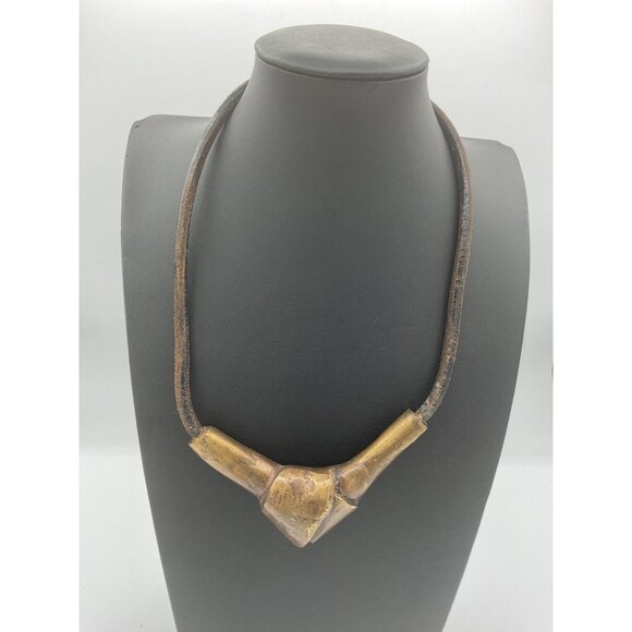 Vintage Brass & Leather Geometric Pendant Necklace - Picture 1 of 4